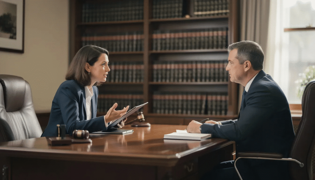 A woman is sitting across from a lawyer in an office, discussing legal matters related to family law, including child custody and parental responsibility. The lawyer is providing legal advice to help her navigate family court proceedings and ensure the child's best interests are prioritised.