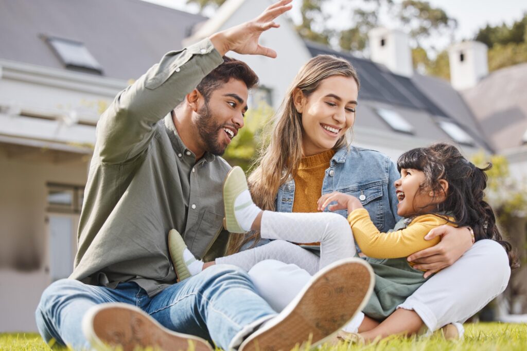 Fun, family and garden of new home with love, support and laughing with parents and kid.